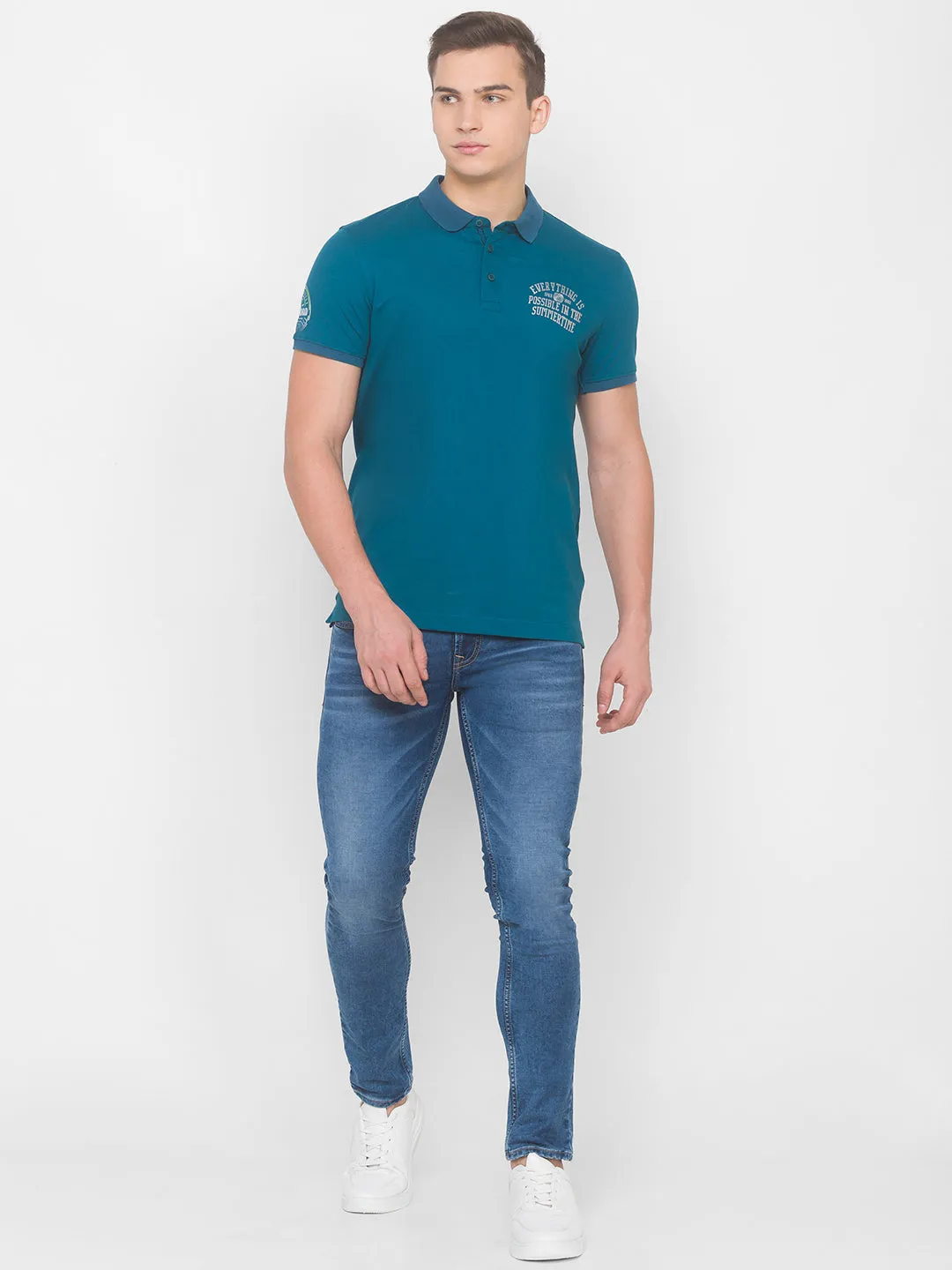 Spykar Men Dusty Turquoise Blended T-Shirt (Slim)