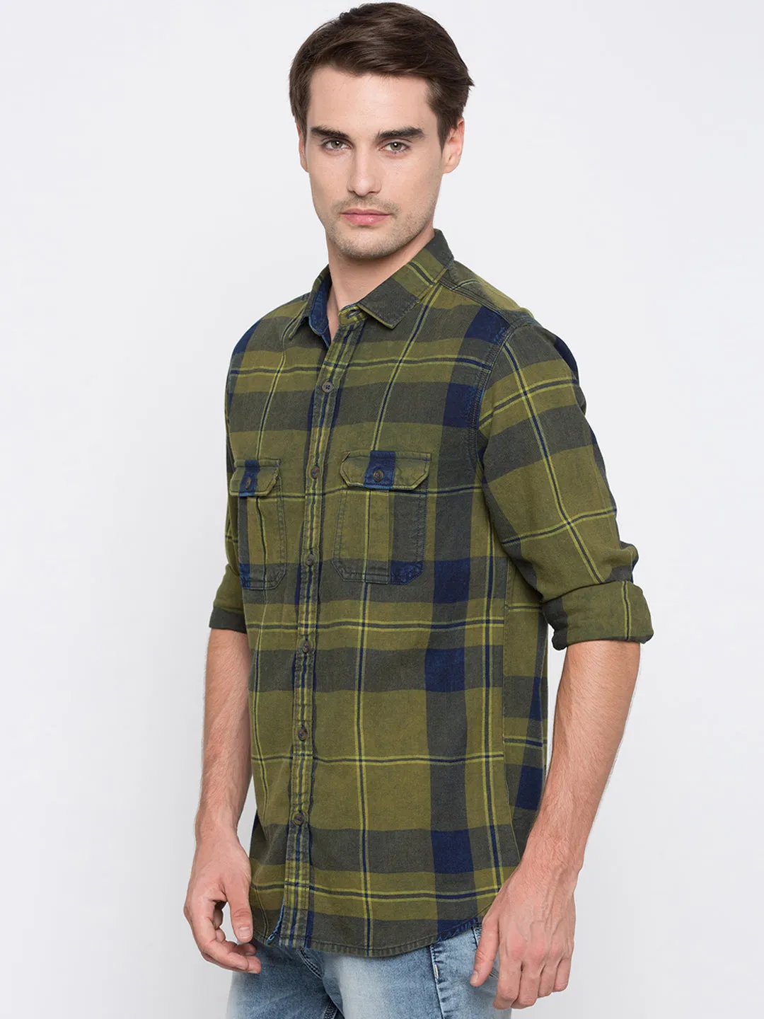 Spykar Men Green Checked Slim Fit Casual Shirt