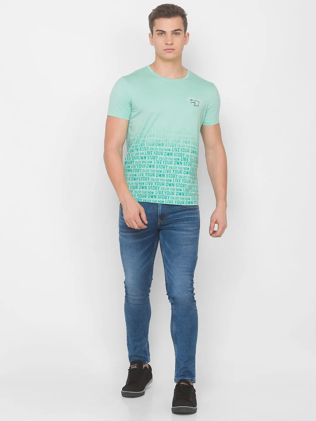 Spykar Men Ice Green Blended T-Shirt (Slim)