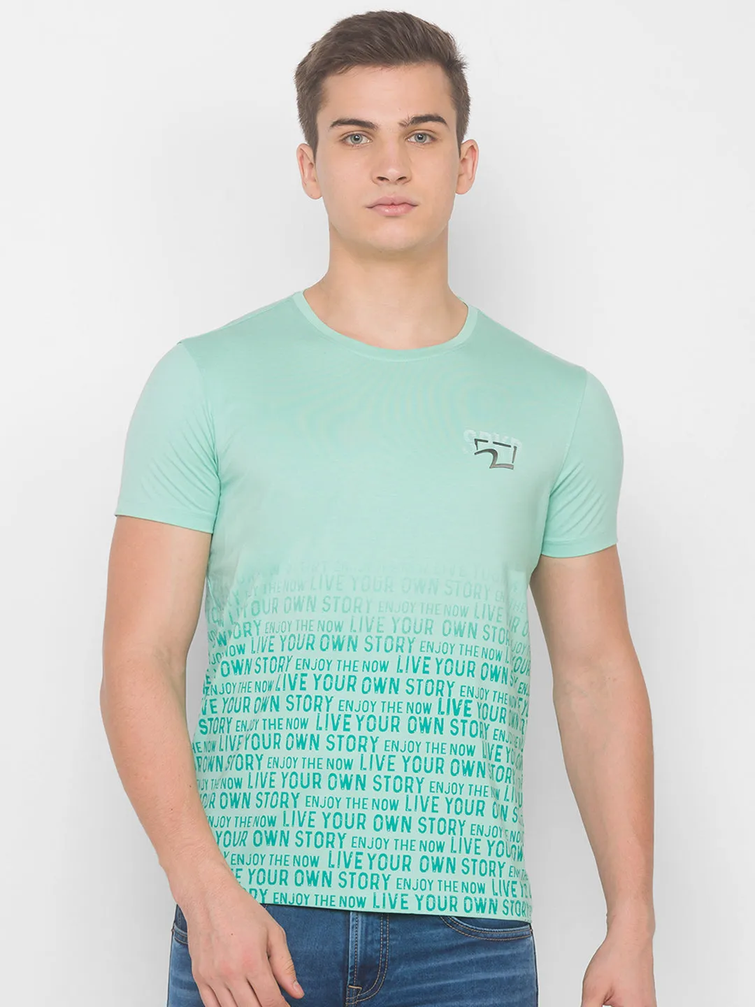 Spykar Men Ice Green Blended T-Shirt (Slim)