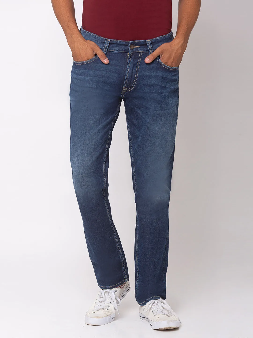 Spykar Men Mid Blue Cotton Regular Fit Jeans