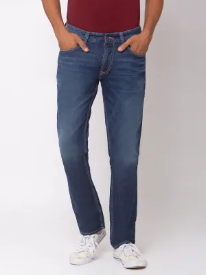 Spykar Men Mid Blue Cotton Regular Fit Jeans