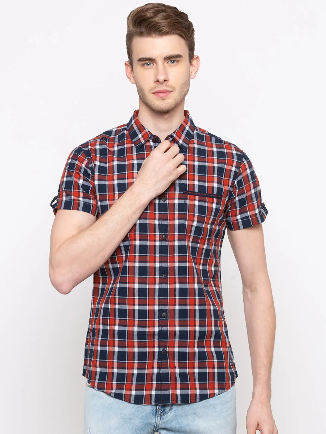 Spykar Men Navy & Orange Checked Slim Fit Casual Shirt