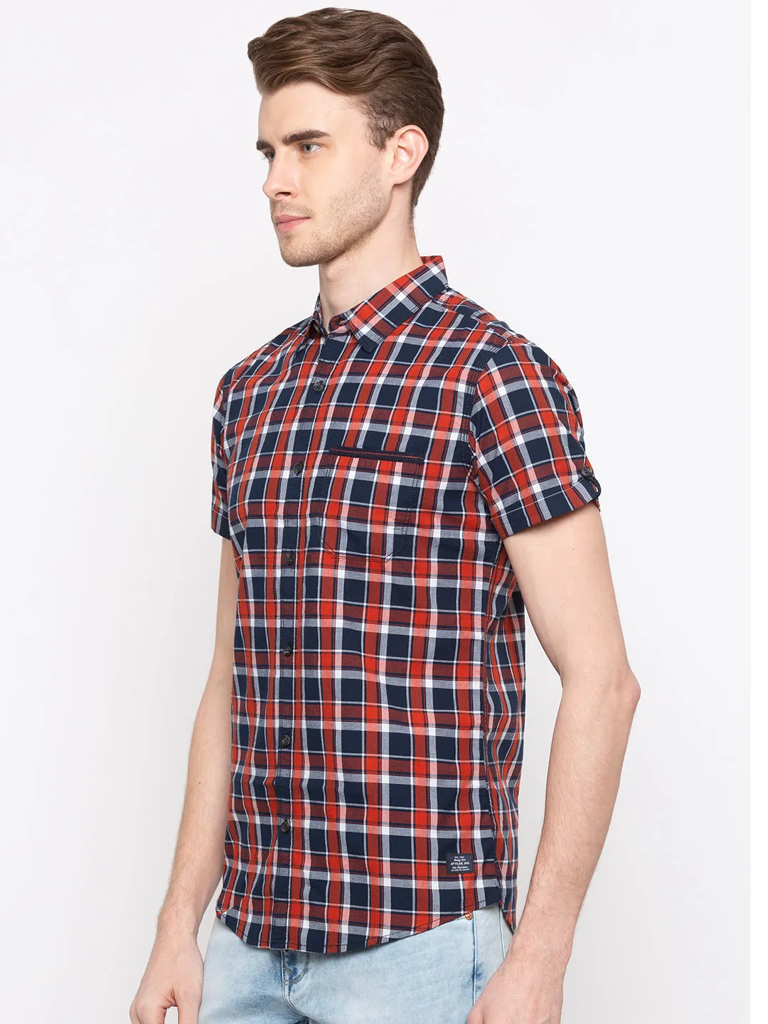 Spykar Men Navy & Orange Checked Slim Fit Casual Shirt