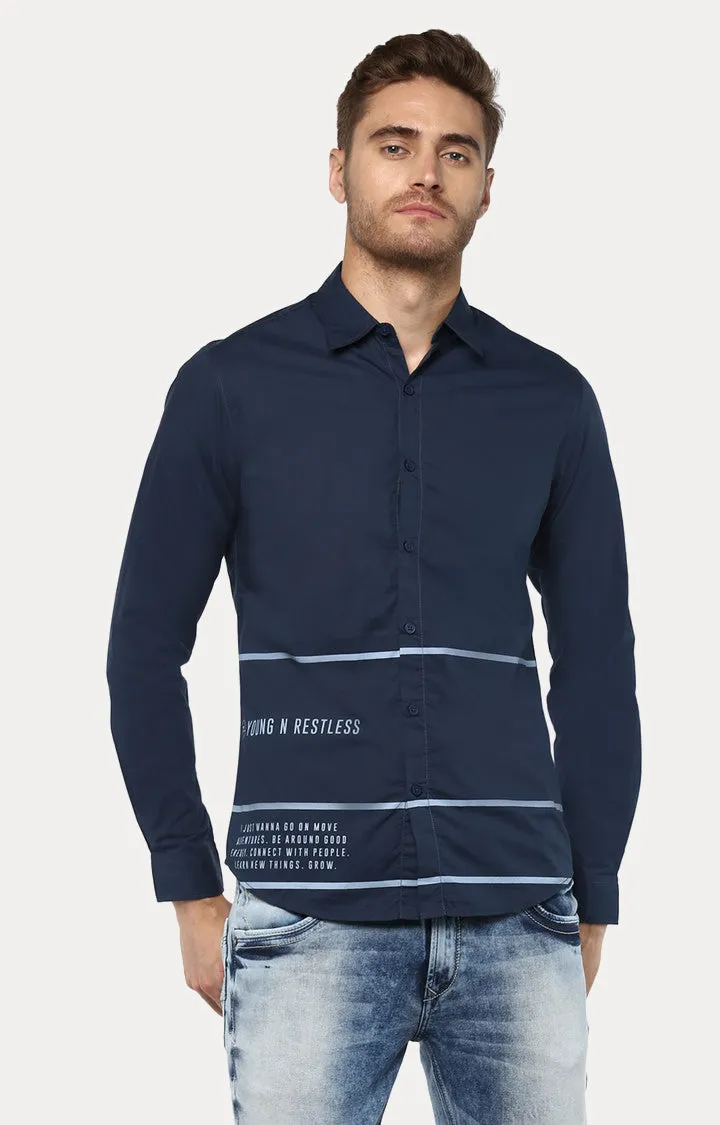 Spykar Men Navy Blue Striped Slim Fit Casual Shirt