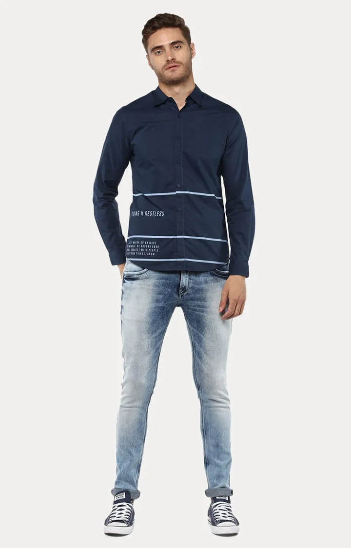 Spykar Men Navy Blue Striped Slim Fit Casual Shirt