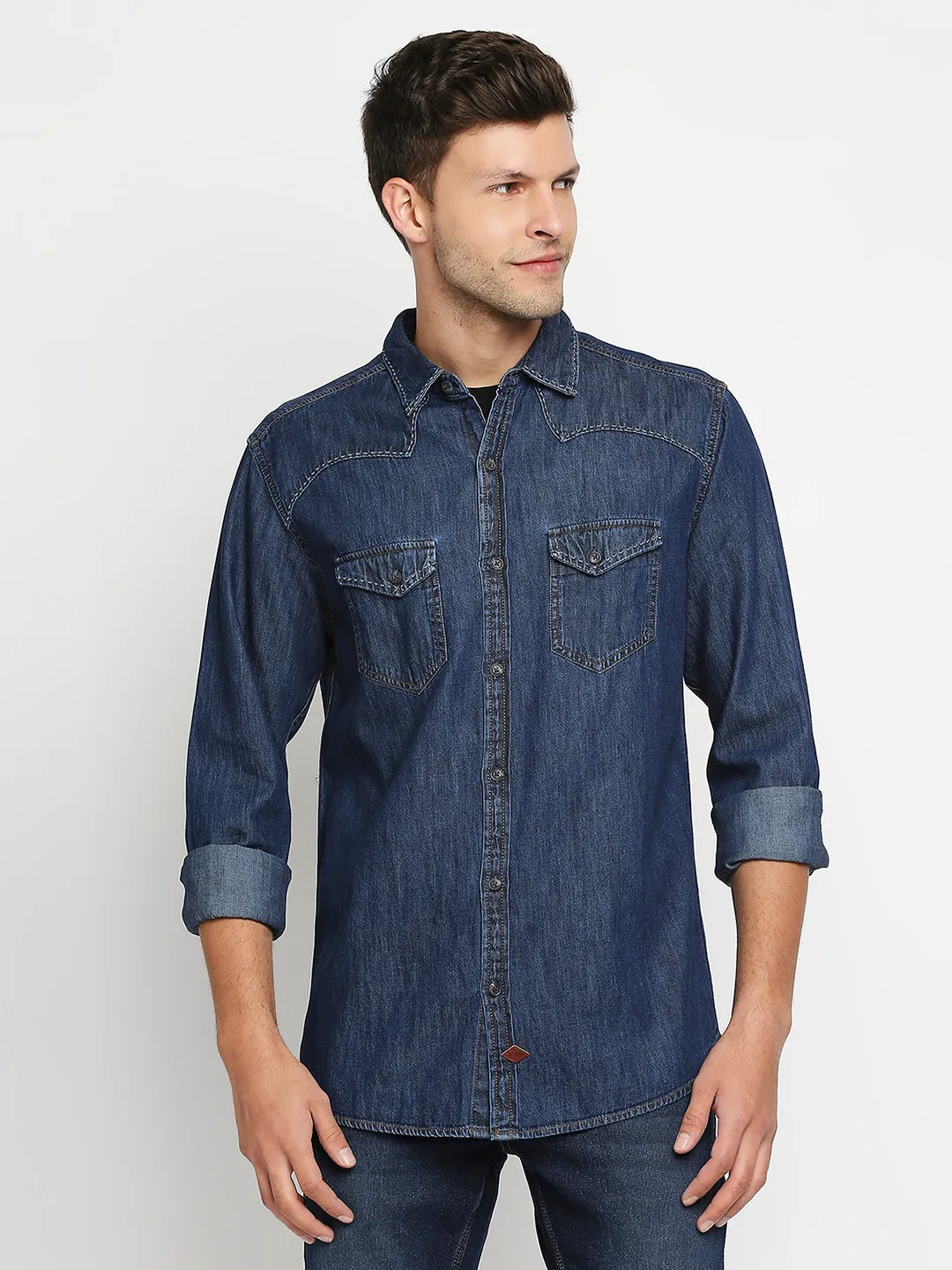 Spykar Men Navy Slim Fit Full Sleeve Denim Shirt