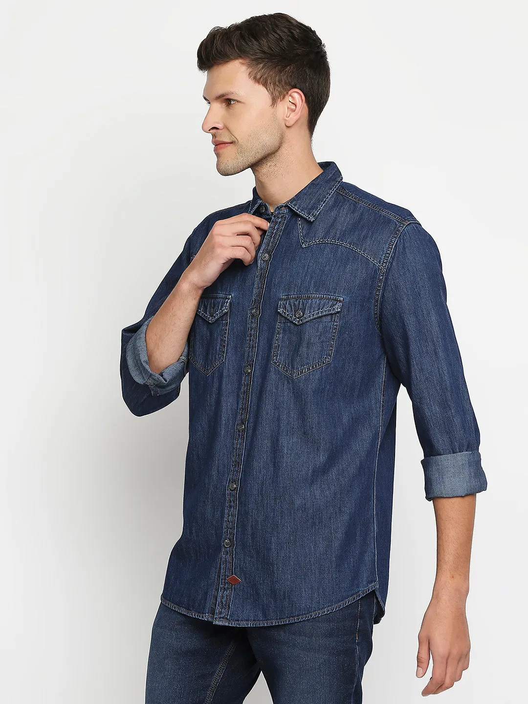 Spykar Men Navy Slim Fit Full Sleeve Denim Shirt