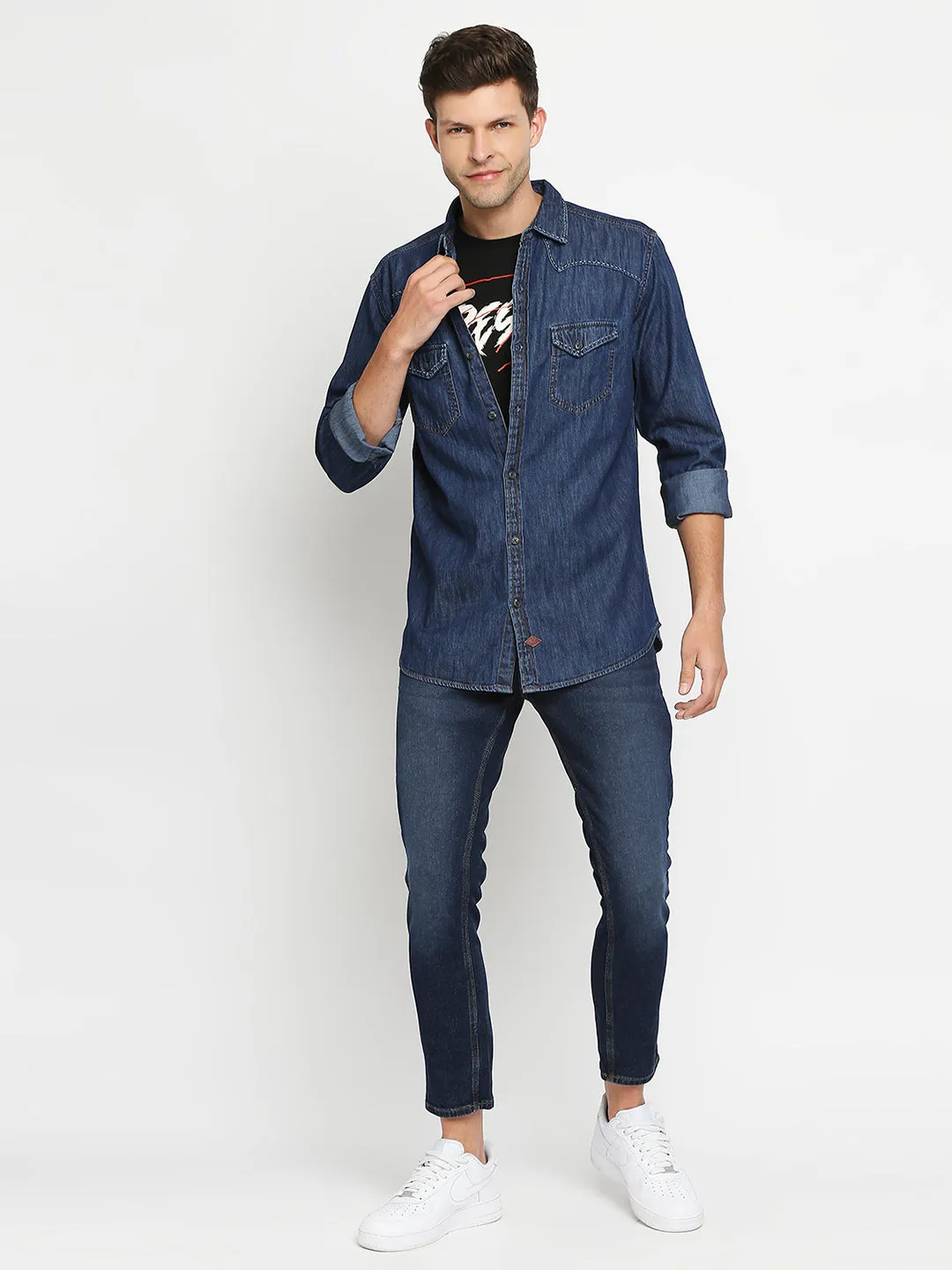 Spykar Men Navy Slim Fit Full Sleeve Denim Shirt