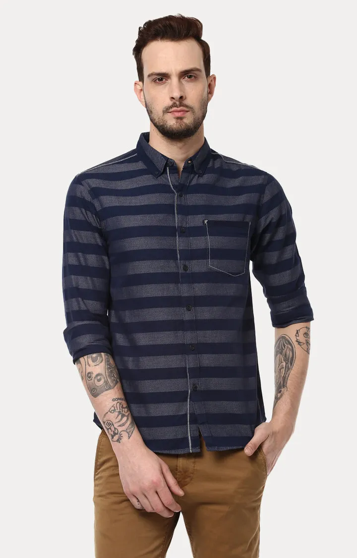 Spykar Men Navy Striped Slim Fit Casual Shirt