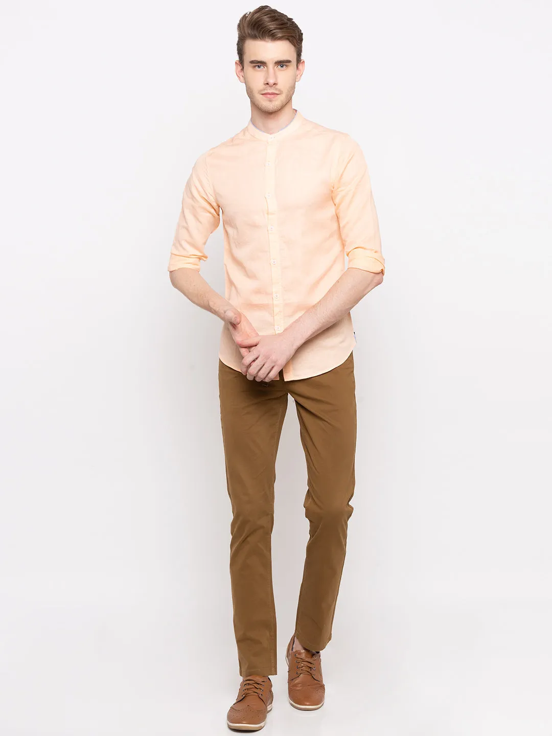 Spykar Men Peach Solid Slim Fit Casual Shirt