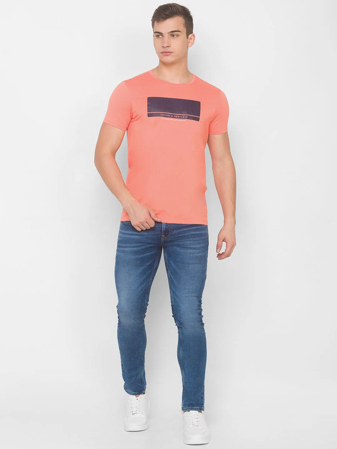 Spykar Men Pink Cotton Blend Slim Fit Round Neck T-Shirt