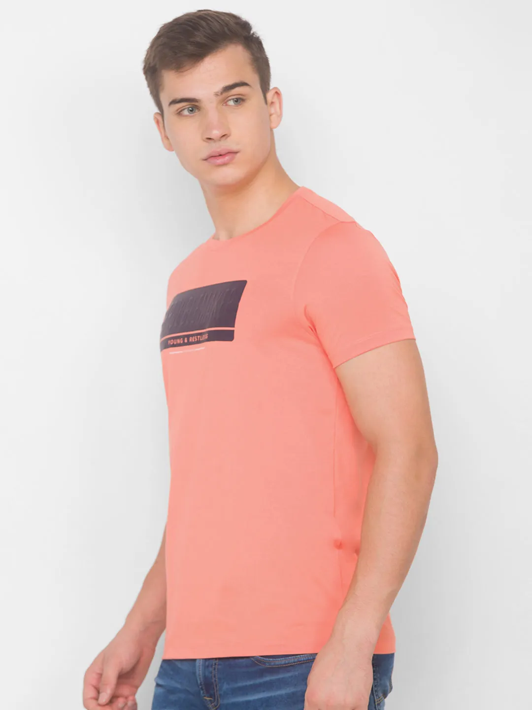 Spykar Men Pink Cotton Blend Slim Fit Round Neck T-Shirt