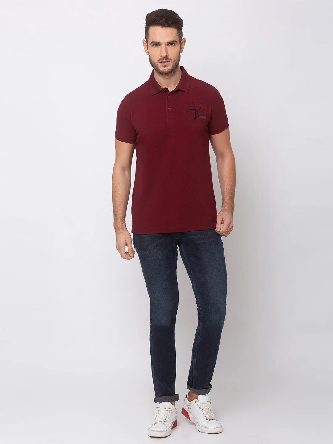 Spykar Men Wine Cotton Slim Fit T-Shirt