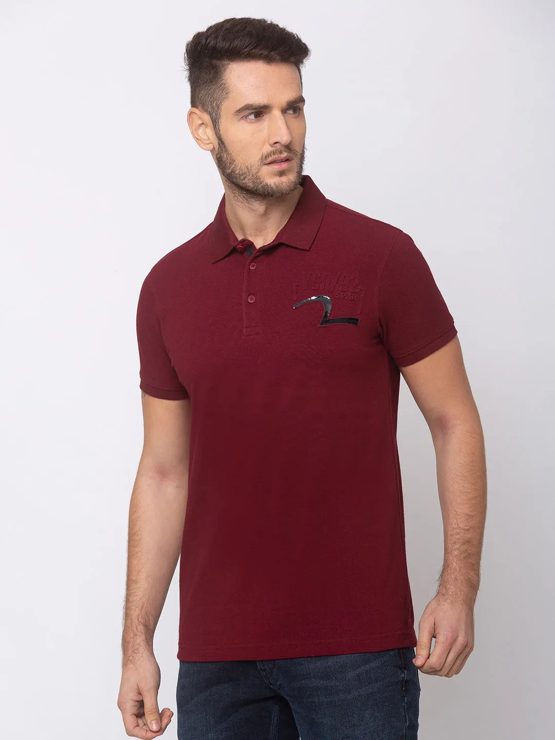 Spykar Men Wine Cotton Slim Fit T-Shirt