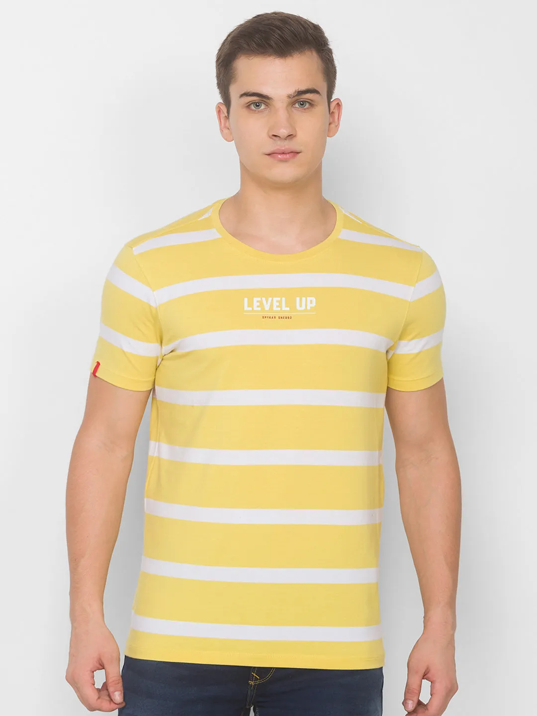 Spykar Men Yellow Cotton Blend Slim Fit Round Neck T-Shirt