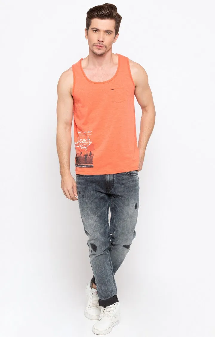 Spykar Orange Printed Slim Fit Men T-Shirts