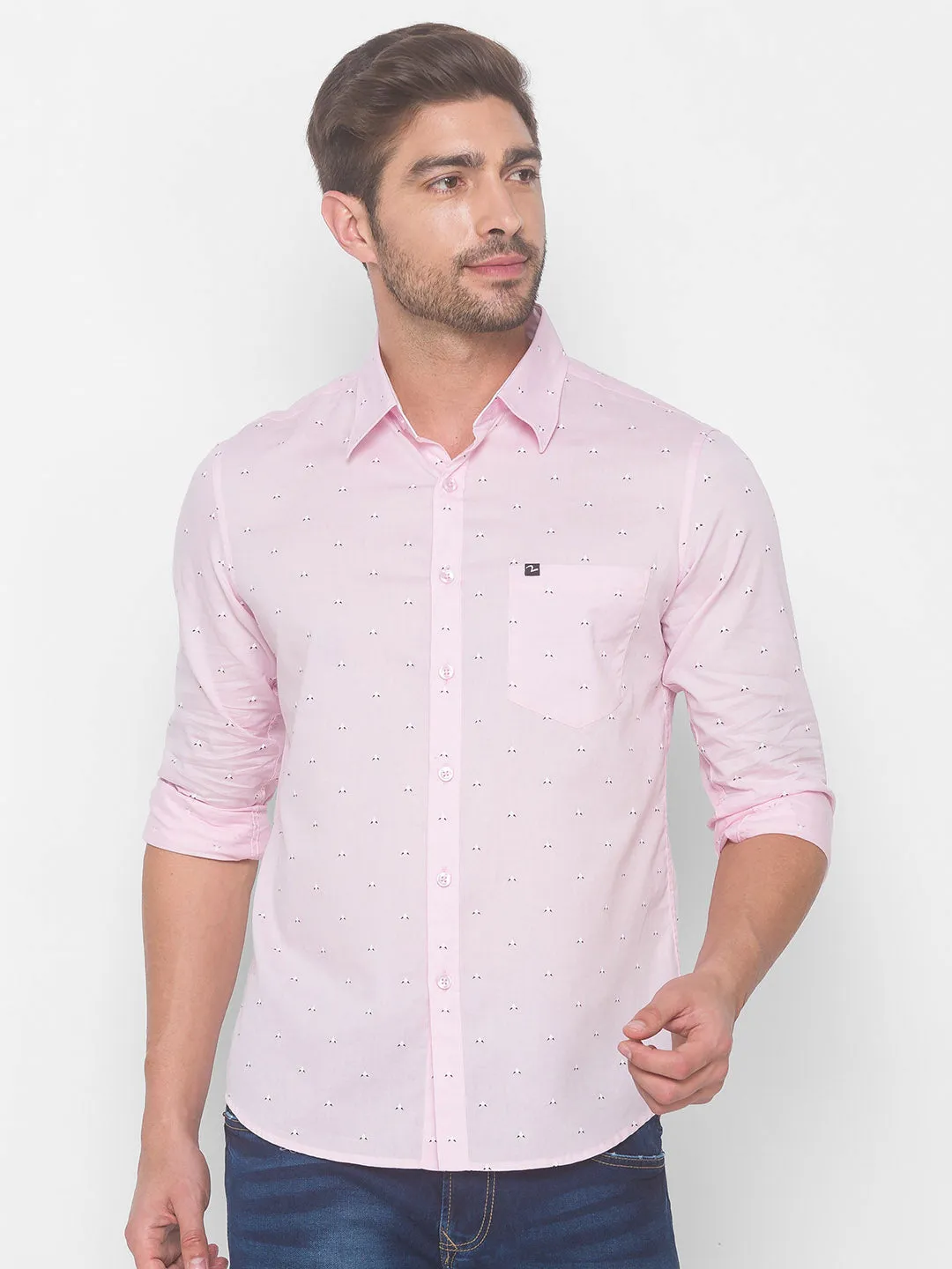 Spykar Slim Fit Men Baby Pink Cotton Shirts (Uniqlo)