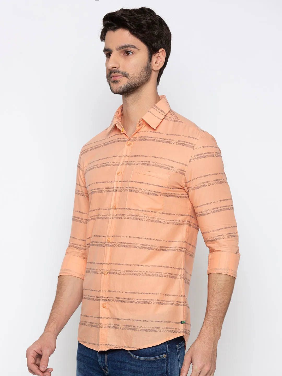 Spykar Slim Fit Men Orange Striped Casual Shirt