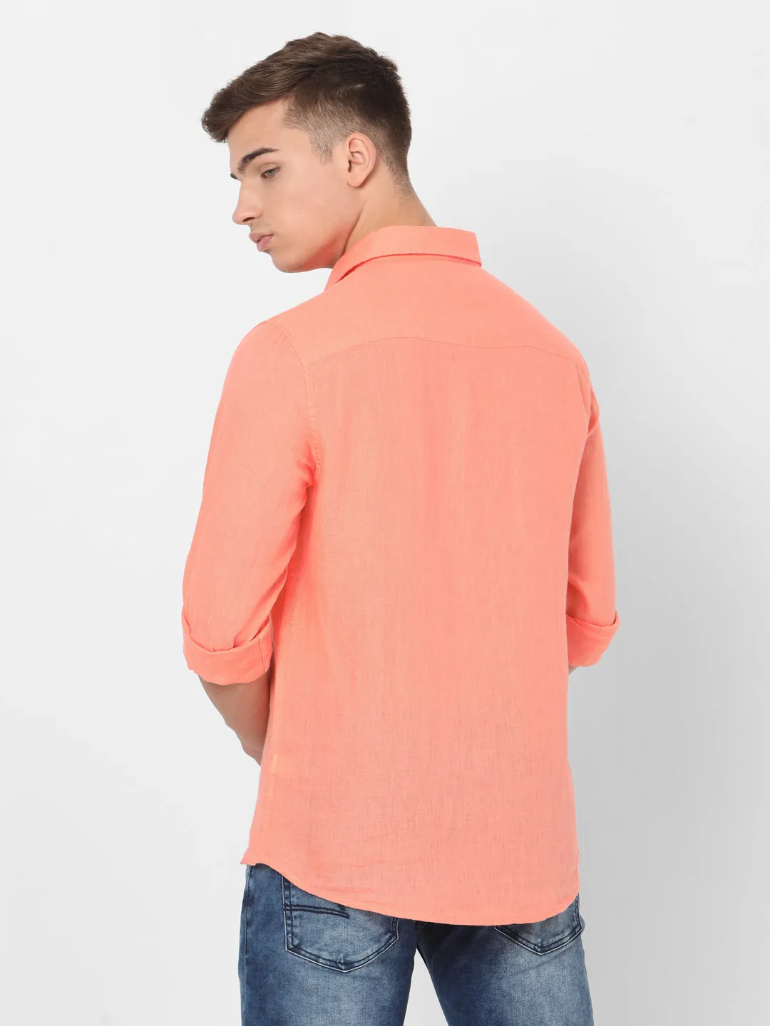 Spykar Slim Fit Men Peach Orange Cotton Casual Shirts