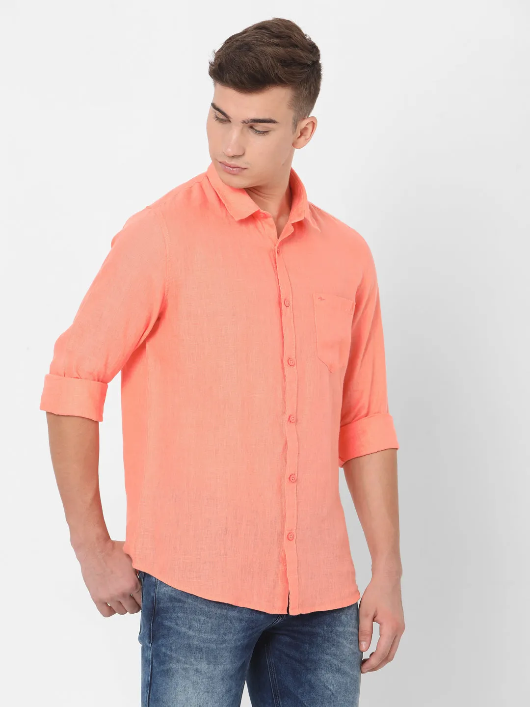 Spykar Slim Fit Men Peach Orange Cotton Casual Shirts