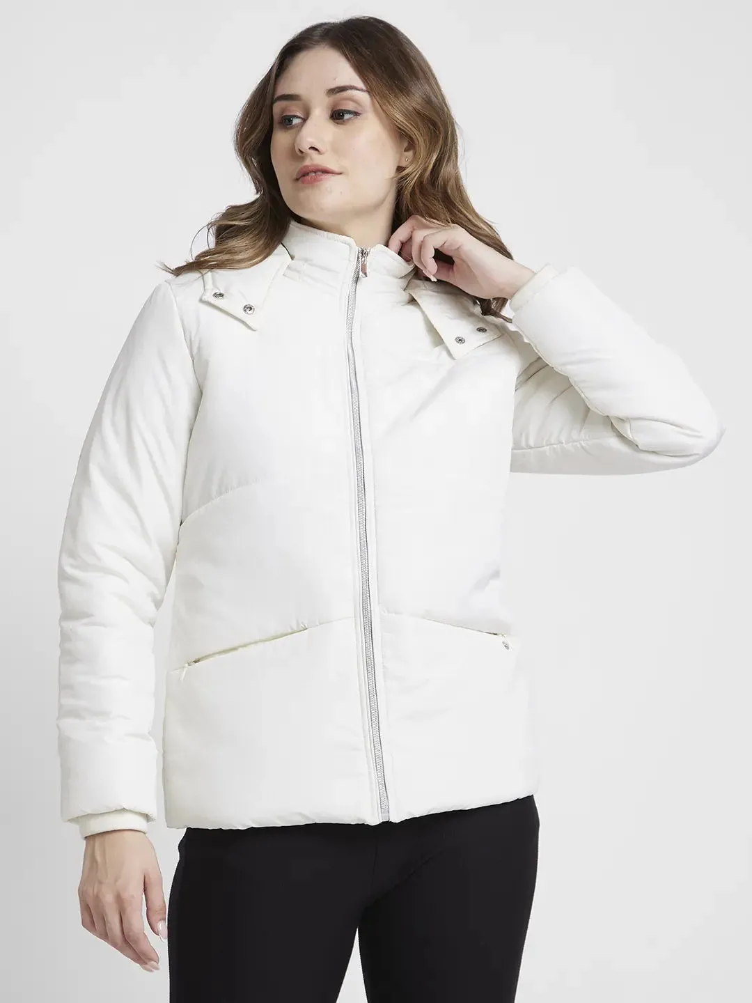 Spykar Women Off White Regular Fit Hooded Plain Jacket