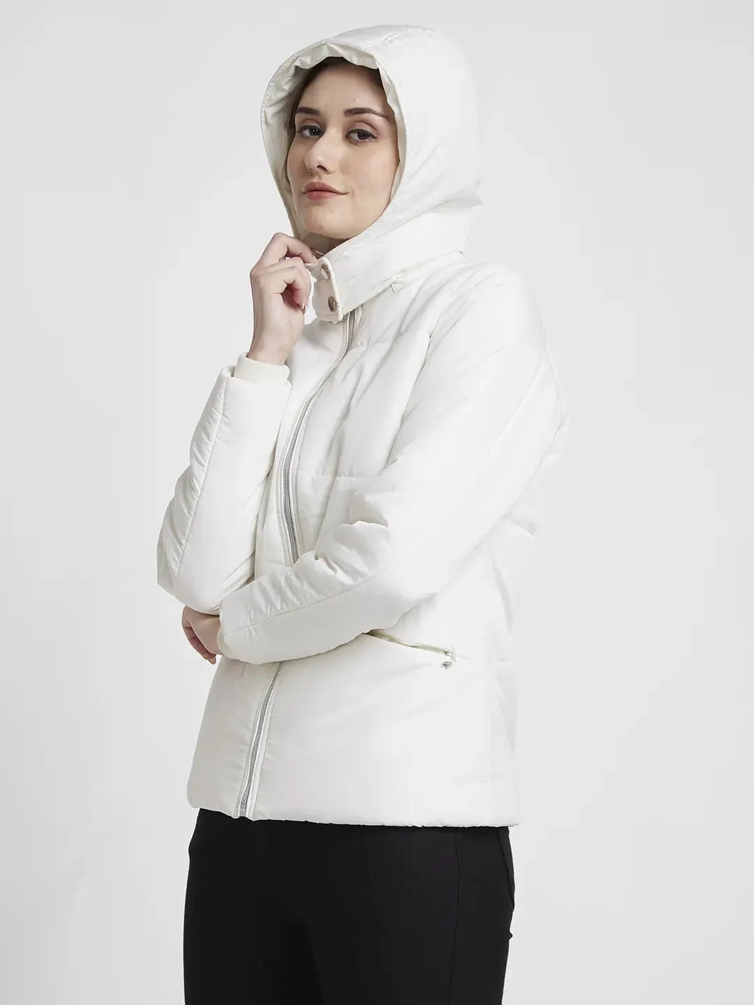 Spykar Women Off White Regular Fit Hooded Plain Jacket