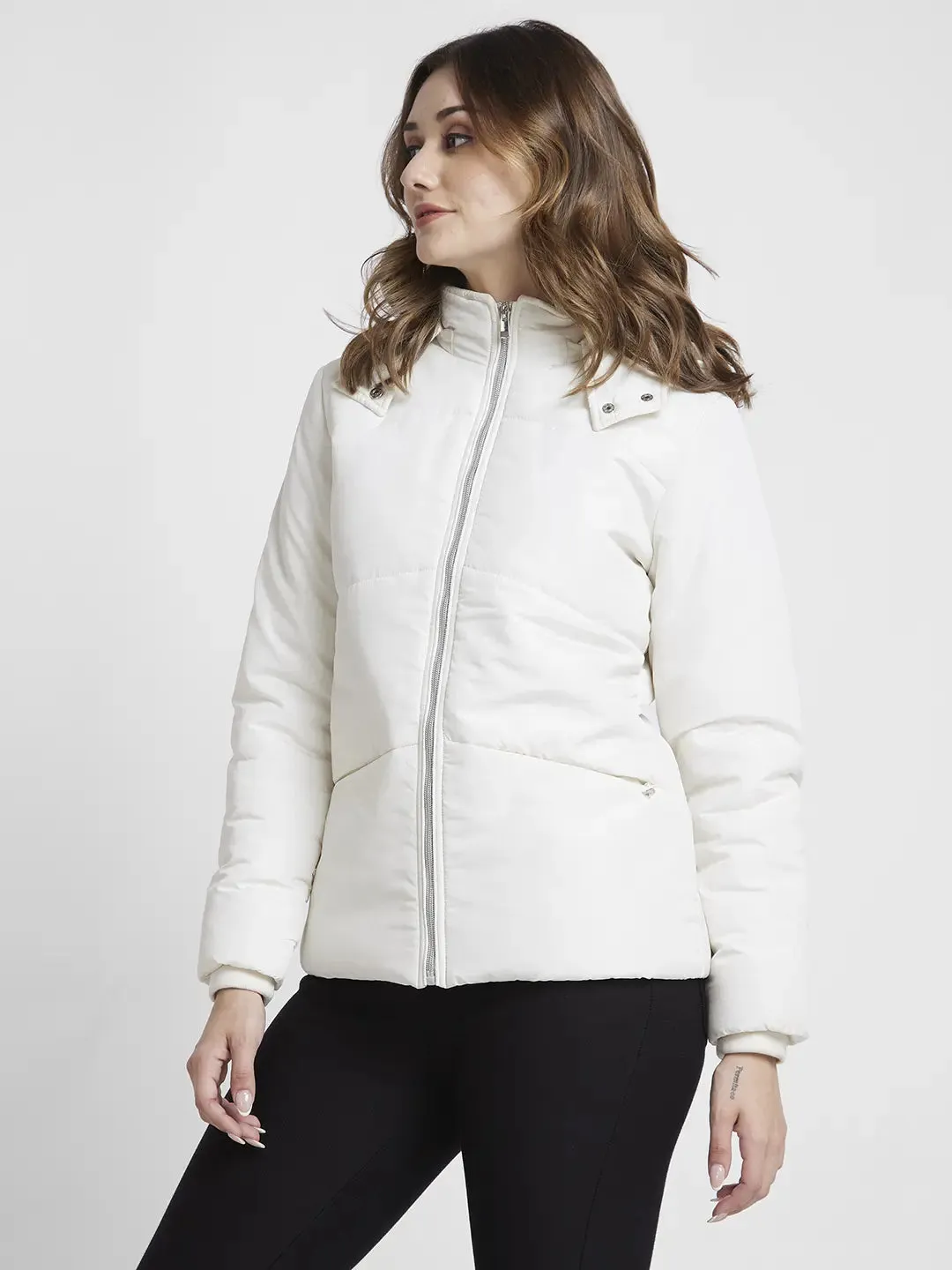 Spykar Women Off White Regular Fit Hooded Plain Jacket