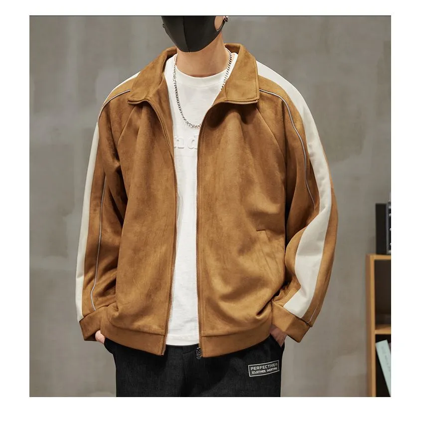 Stand-Up Collar Patchwork Suede Full Zip Track Jacket