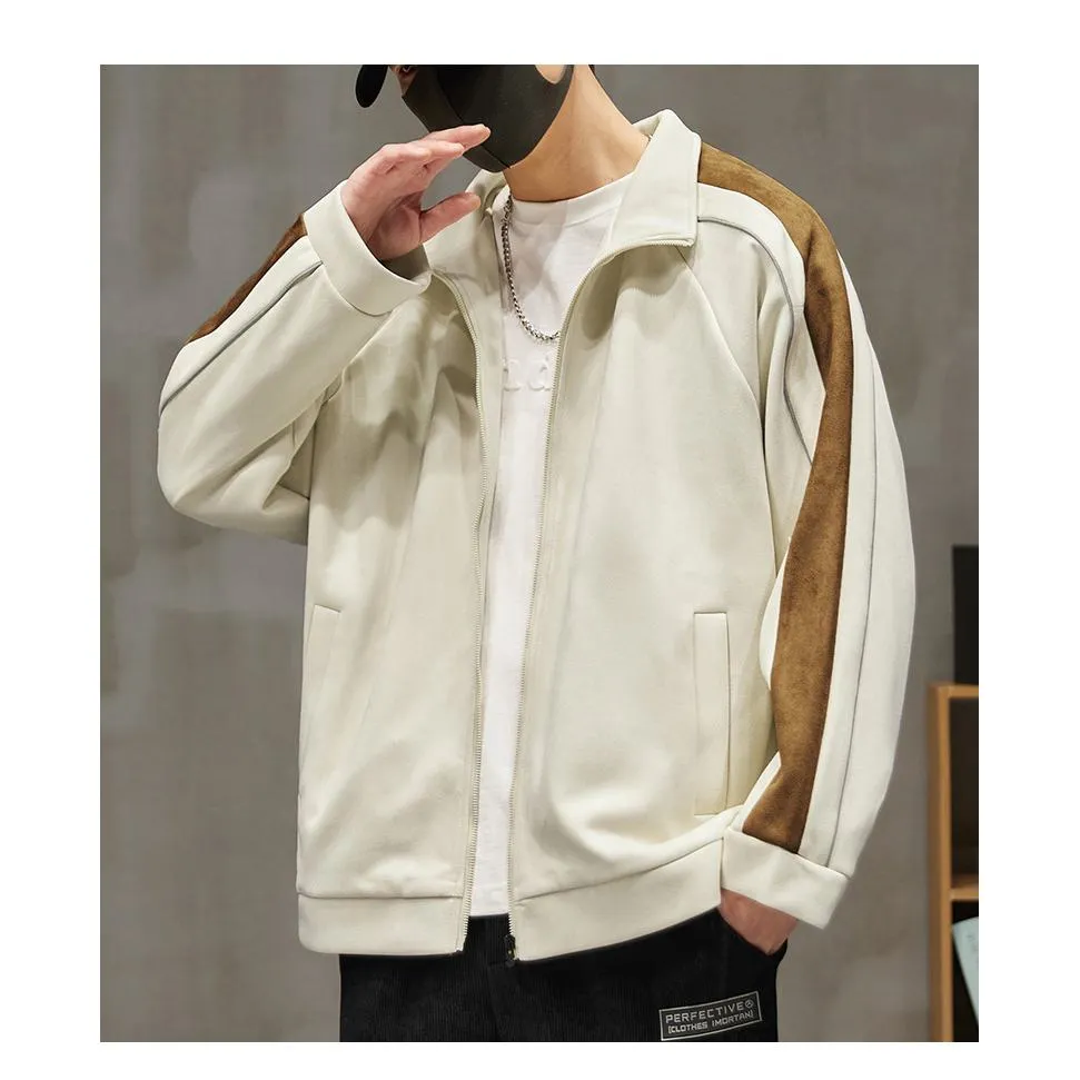 Stand-Up Collar Patchwork Suede Full Zip Track Jacket