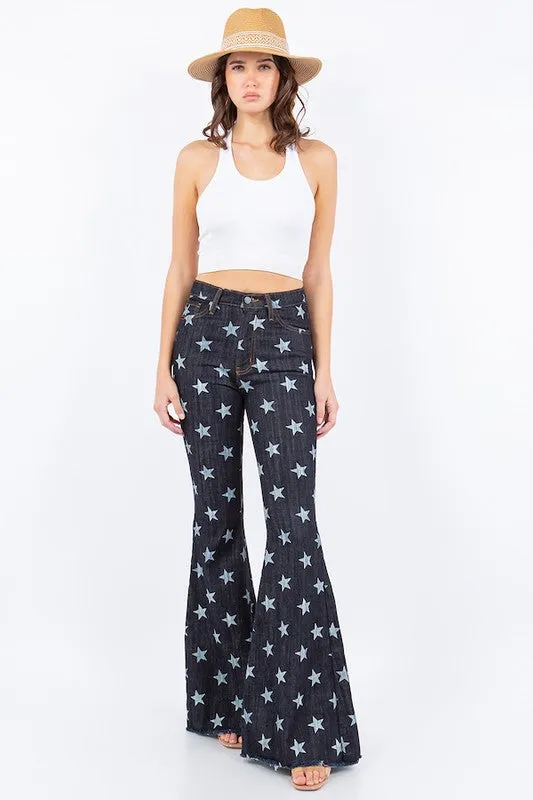 Star Print Bell Bottom Jean in Dark Denim