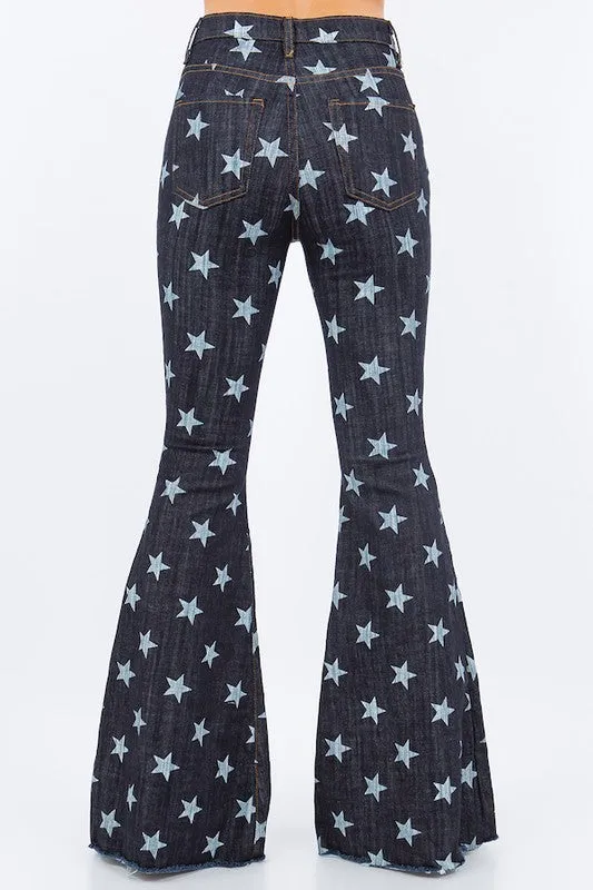 Star Print Bell Bottom Jean in Dark Denim