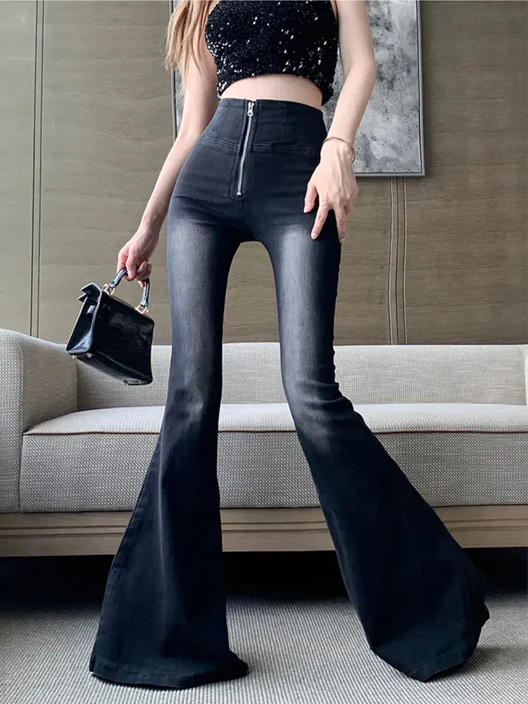 Trendy High Waist Flare Black Stoned Jeans