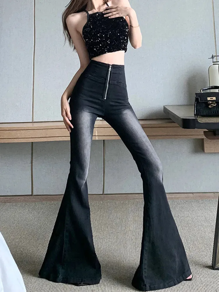 Trendy High Waist Flare Black Stoned Jeans