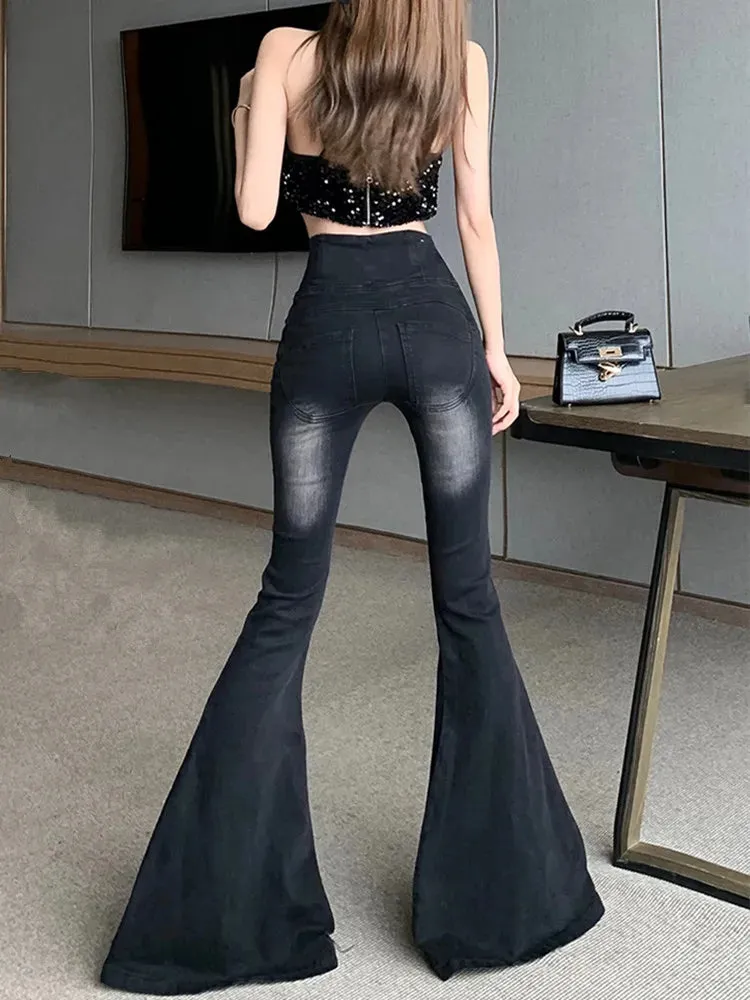 Trendy High Waist Flare Black Stoned Jeans