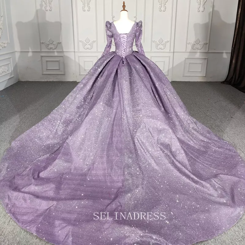 V neck Shiny Purple Ball Gown Evening Party Dress With Long Sleeve DY5622