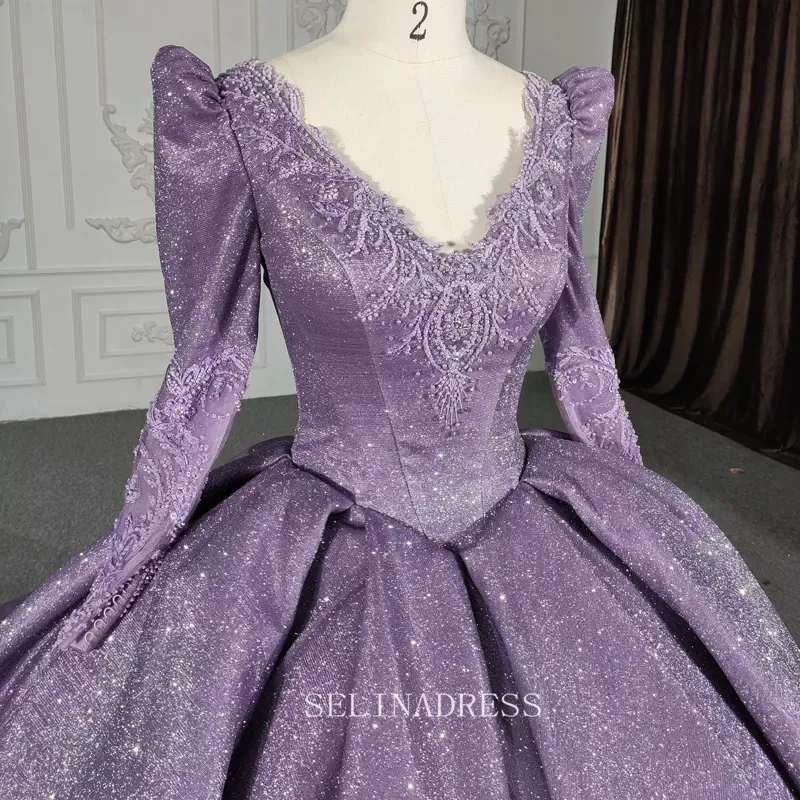 V neck Shiny Purple Ball Gown Evening Party Dress With Long Sleeve DY5622