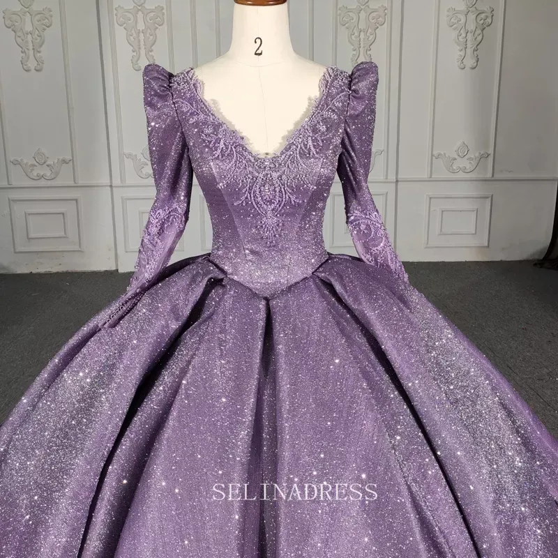V neck Shiny Purple Ball Gown Evening Party Dress With Long Sleeve DY5622