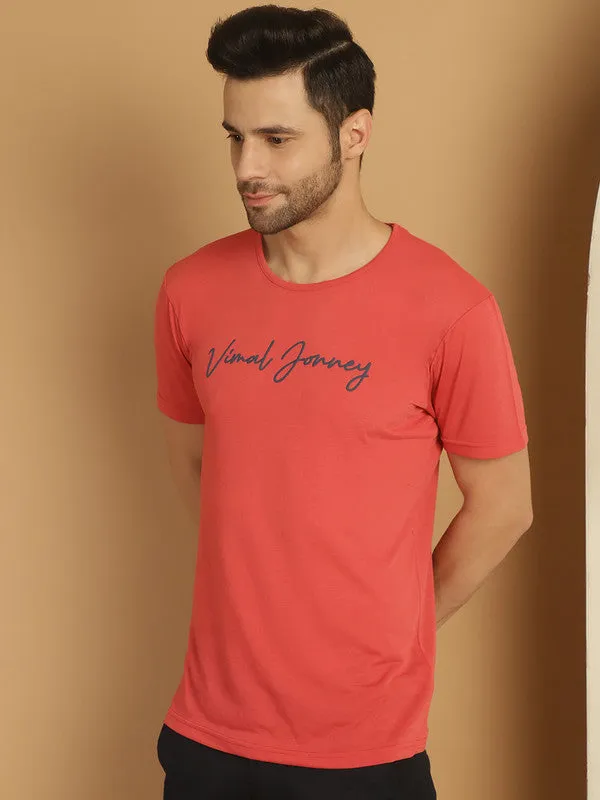 Vimal Jonney Pink Logo Printed Round Neck Cotton Half sleeves Tshirt For Men