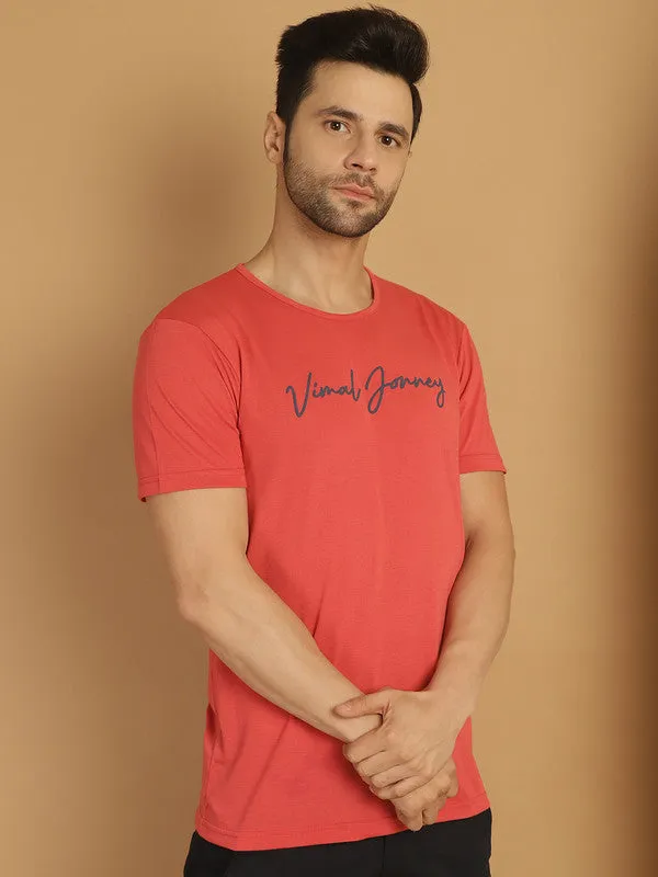 Vimal Jonney Pink Logo Printed Round Neck Cotton Half sleeves Tshirt For Men