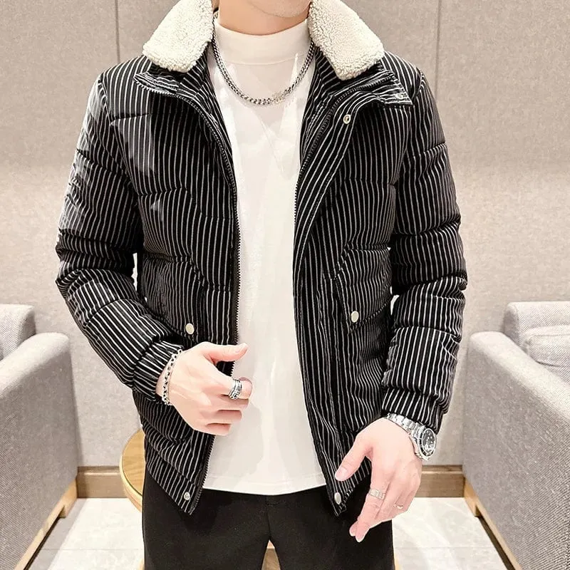 Warm Striped Men's Puffer Jacket - Stand Collar Smart Casual Coat