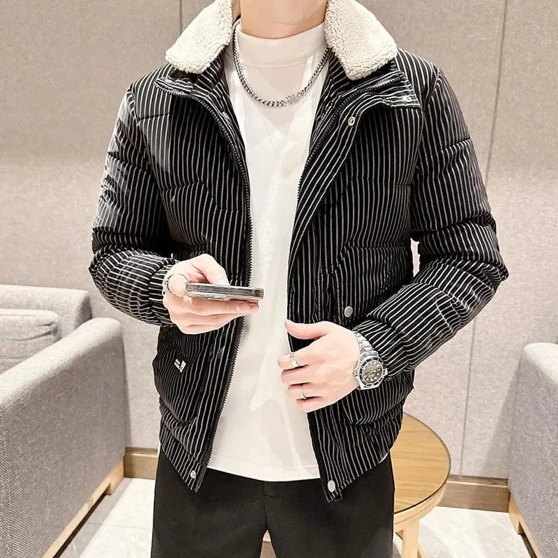 Warm Striped Men's Puffer Jacket - Stand Collar Smart Casual Coat