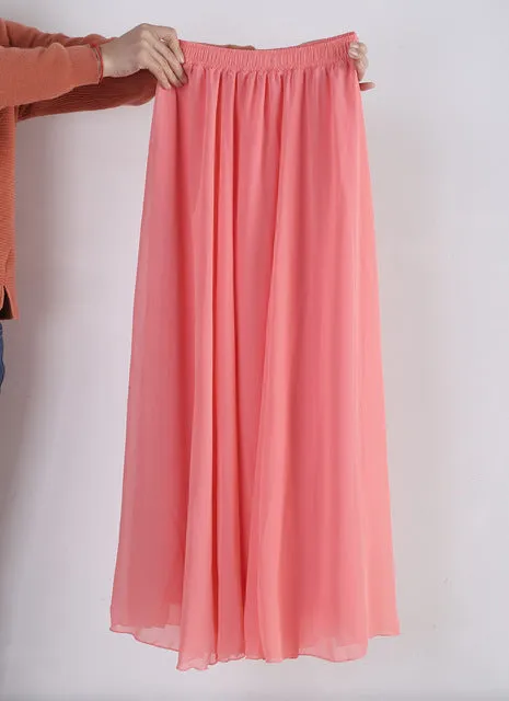 Wholesale Women Chiffon Long Skirts Candy Color Pleated Maxi Skirts  2017 Spring Summer Skirts saia feminina Solid Faldas