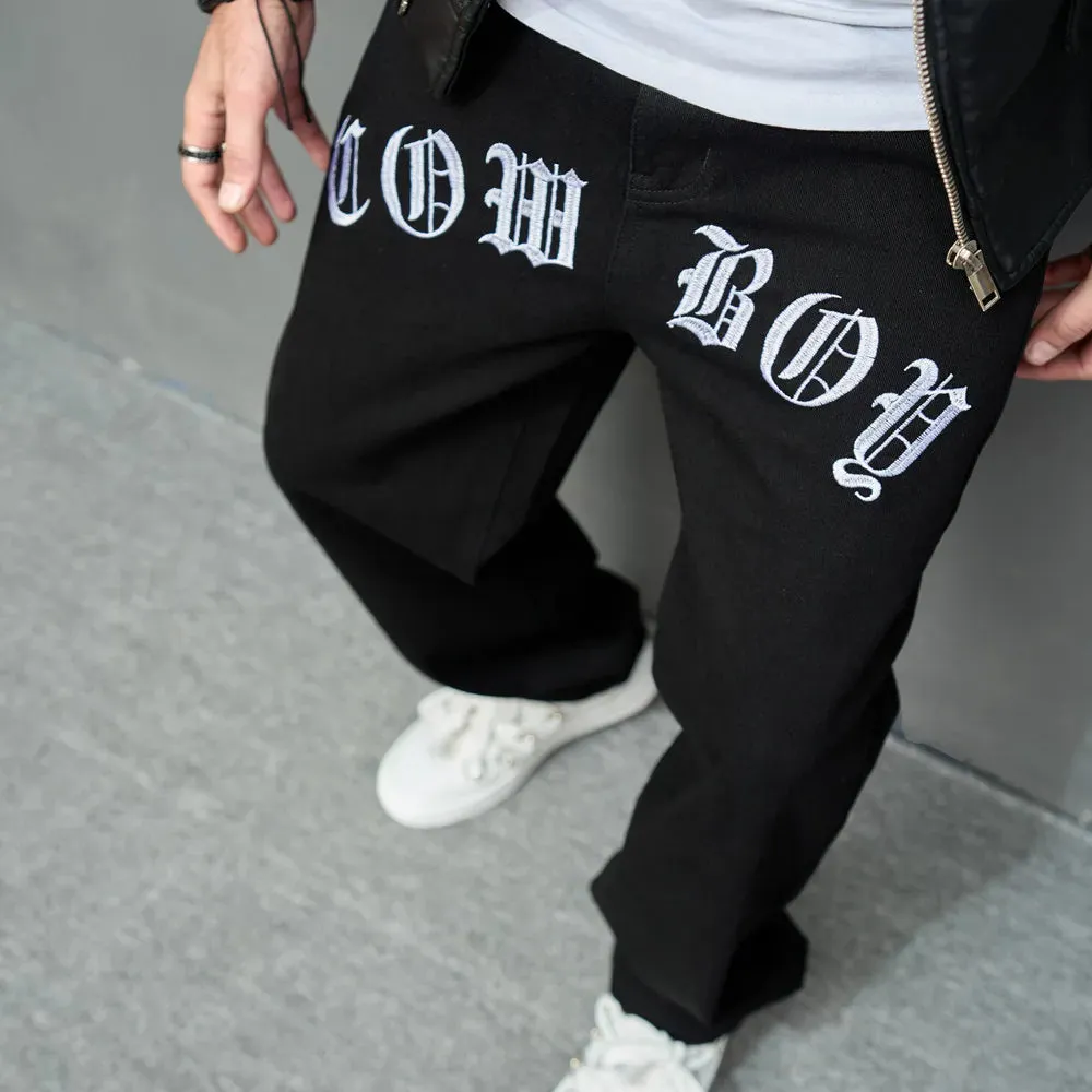 WIAOFELLAS High street Hip Hop Men Stylish Embroidery Loose Jeans Trousers For Men's Hip Hop Male Motorcycle Straight Denim Pants