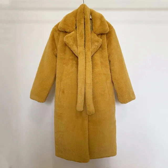 Winter Long Overcoat Women Oversized Lapel Belted Faux Rabbit Fur Coat