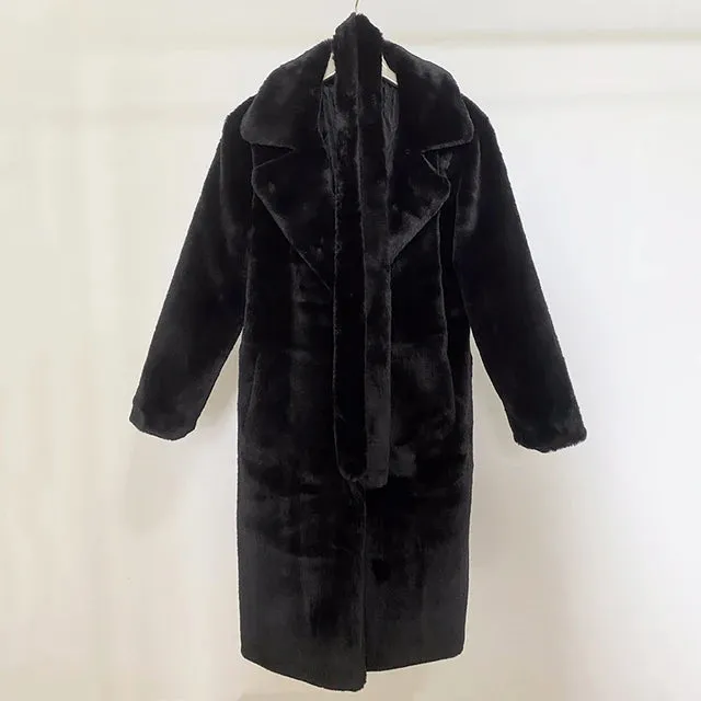 Winter Long Overcoat Women Oversized Lapel Belted Faux Rabbit Fur Coat