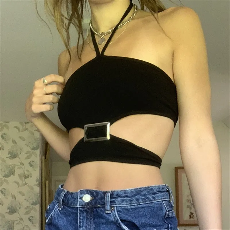 Wjczt Elegant Metal Buckle Halter Crop Top for Women Outfits Summer Sexy Backless Lace Up Top Cropped Streetwear Clothes