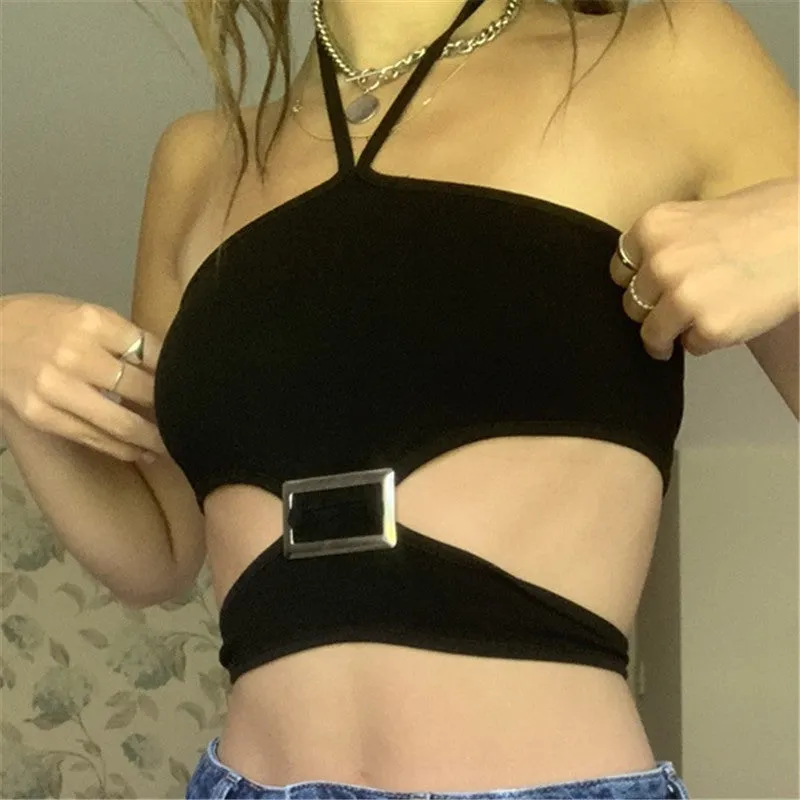 Wjczt Elegant Metal Buckle Halter Crop Top for Women Outfits Summer Sexy Backless Lace Up Top Cropped Streetwear Clothes