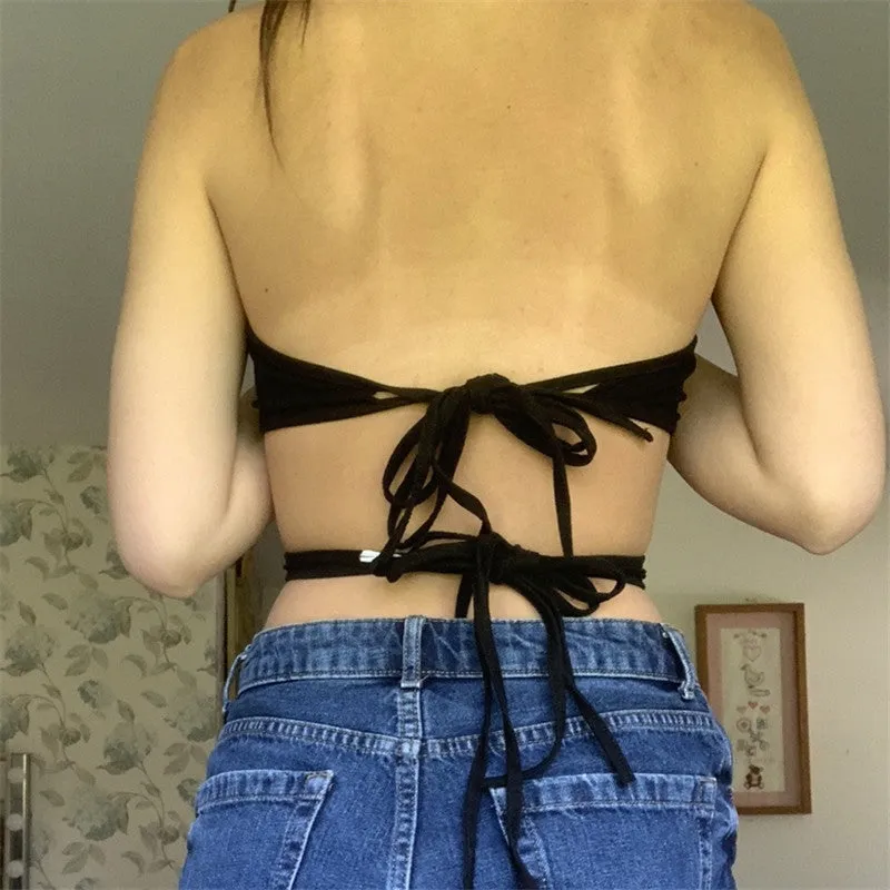 Wjczt Elegant Metal Buckle Halter Crop Top for Women Outfits Summer Sexy Backless Lace Up Top Cropped Streetwear Clothes