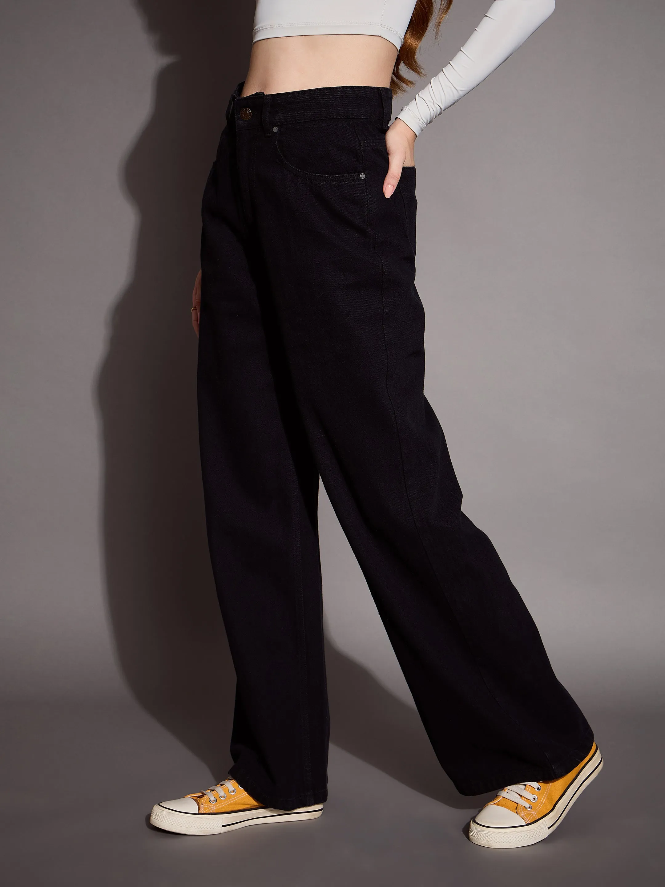 Women Black High Waist Wide Leg Jeans